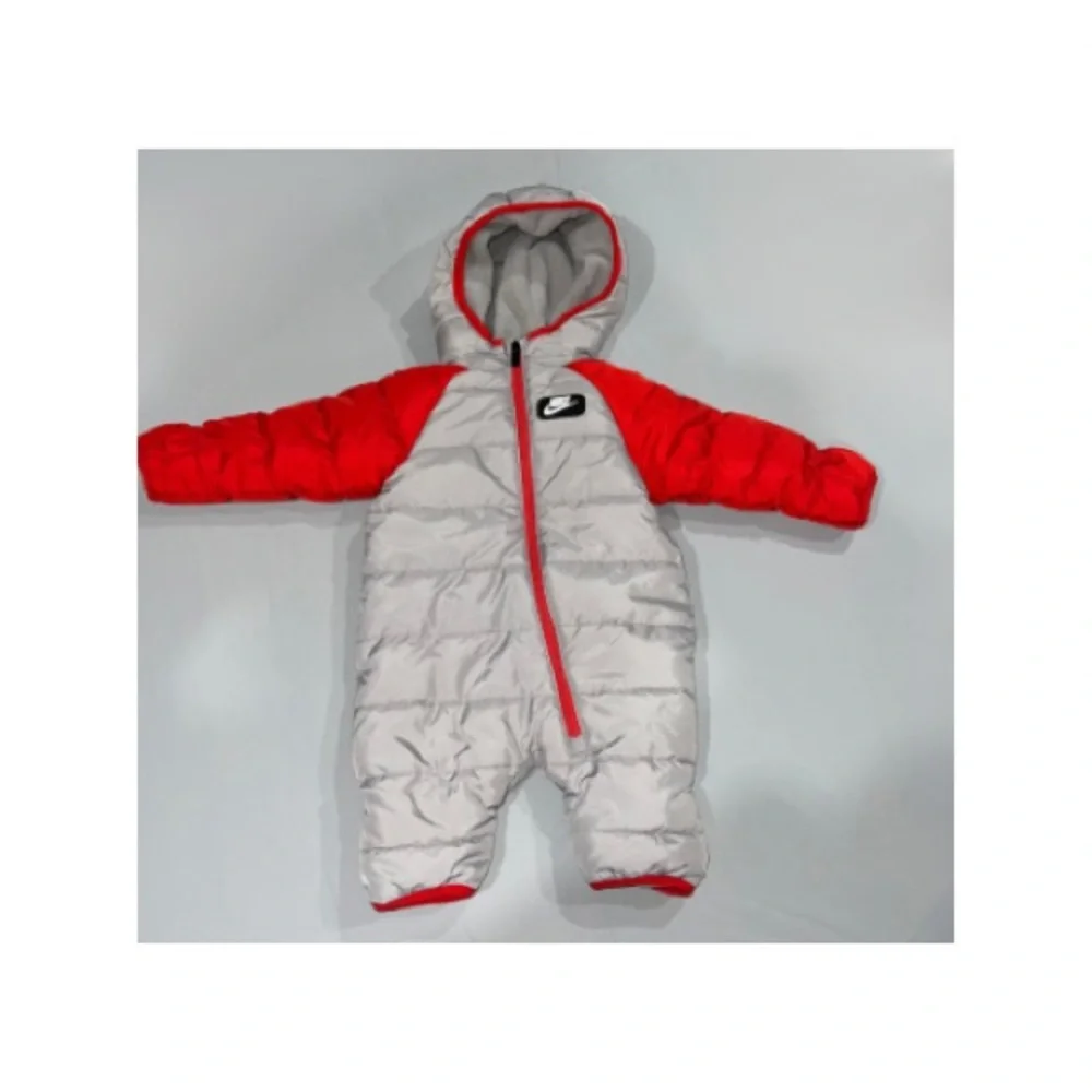 Nike Gray and Red Quilted Baby One-Piece Snowsuit